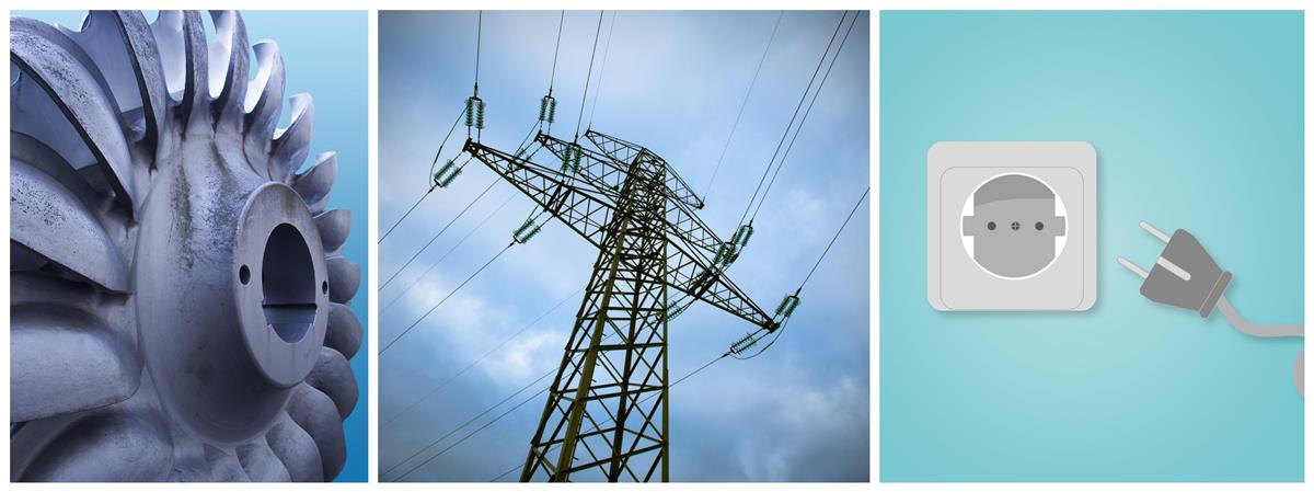 Turbin for energiproduksjon, mast for høyspenning, el-uttak og støpsel. - Klikk for stort bilde