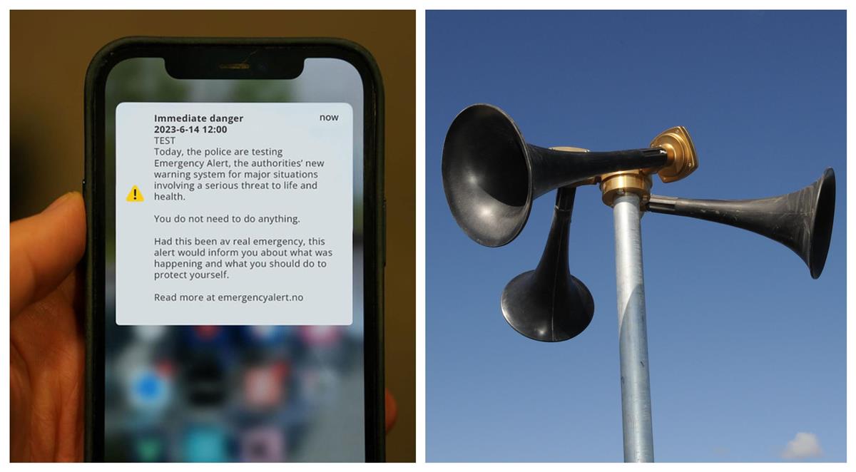 Kombinasjon av to bilder. 1: Mobiltelefon med tekst om nødvarsel i displayet. 2: Tyfon med sirener som varsler befolkningen med lydsignaler - Klikk for stort bilde