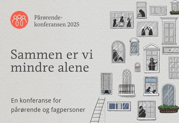 Bilde av tekst og illustrasjoner i form av vinduer. Teksten inneholder logo og tema for Pårørendekonferansen 2025 - Klikk for stort bilde