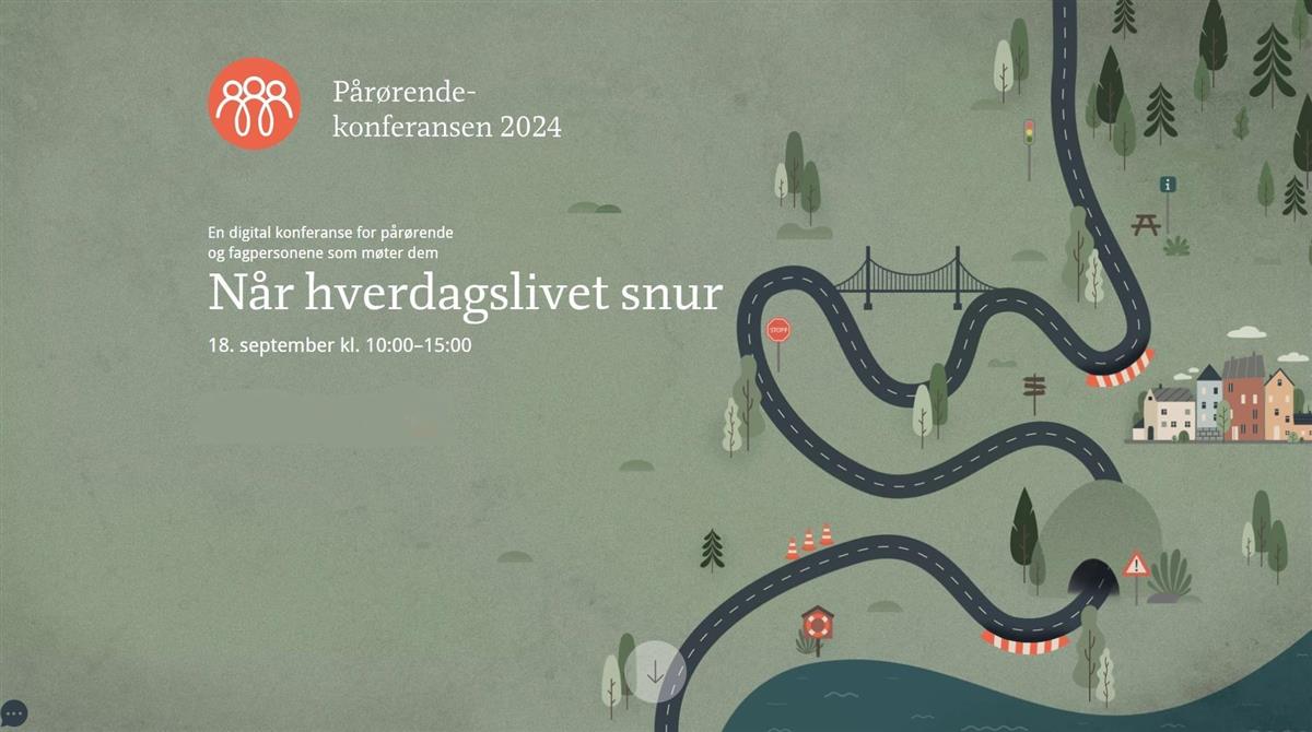 Illustrasjon for Pårørendekonferansen 2024. Viser blant annet et vegkart. - Klikk for stort bilde