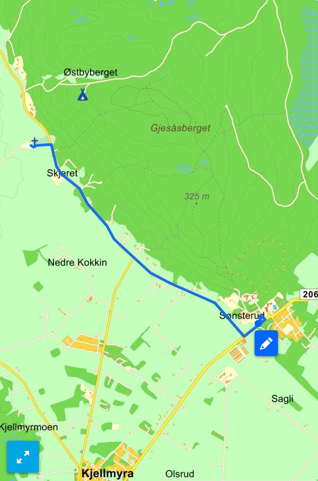 Kart som viser ruta for 17. mai-toget på Sønsterud 2023. - Klikk for stort bilde