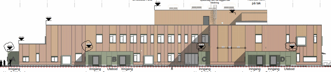 Illustrasjon av en av skolens fasader. - Klikk for stort bilde