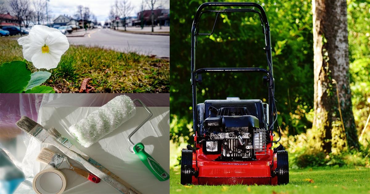 Bilde satt sammen av tre bilder. Det ene viser malerutstyr, det andre en blomst, det tredje en gressklipper. - Klikk for stort bilde