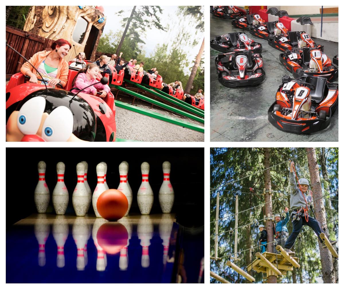 Karusell i fornøyelsespark. Gokart. Bowlingkjegler. Barn i aktivitet i klatrepark. - Klikk for stort bilde
