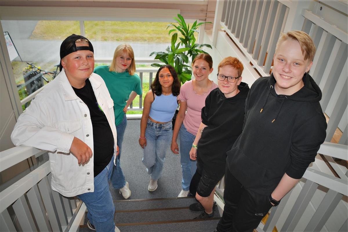 Seks ungdommer som har begynt i sommerjobb for Åsnes kommune, fotografert på Åsnes folkebibliotek. - Klikk for stort bilde