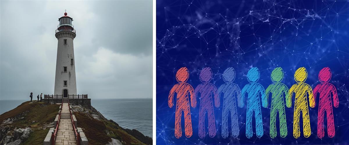 Et bilde av et fyrtårn ved siden av en illustrasjon av en gruppe mennesker - Klikk for stort bilde
