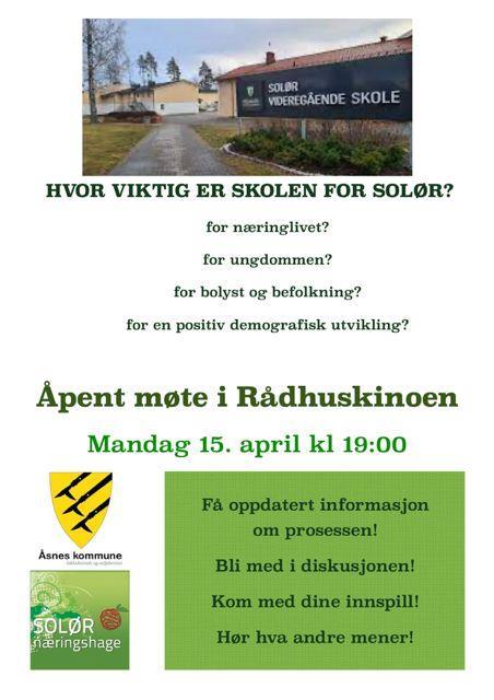 Tekst og grafiske elementer om et åpent møte. Eksteriørbilde av Solør videregående skole, avdeling Flisa. - Klikk for stort bilde