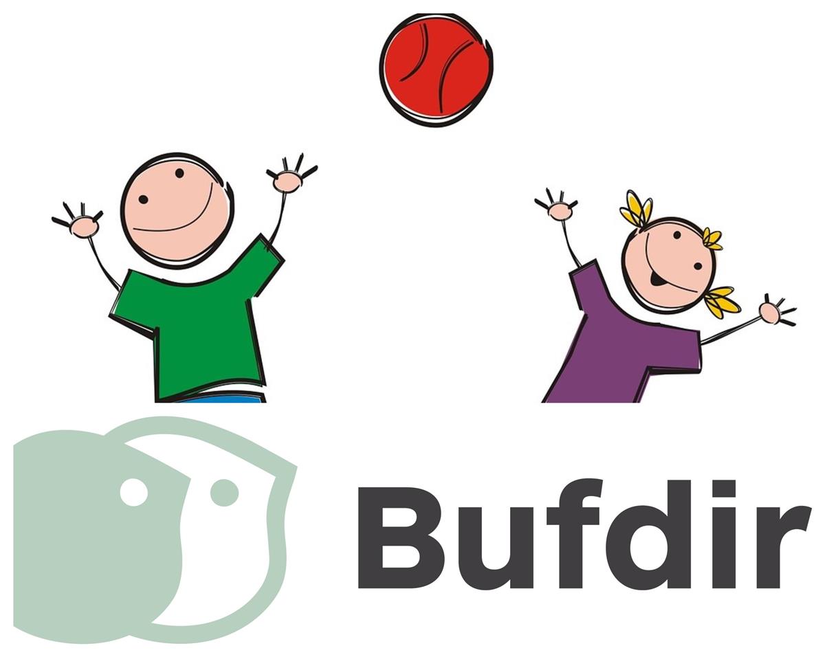 Tegning av to barn som leker med en ball. Logoen til Bufdir. - Klikk for stort bilde